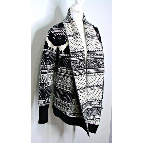 CAMBRIDGE Dry Goods LambsWool Cardigan Open Front Sweater Reindeer Black White M - Picture 1 of 10